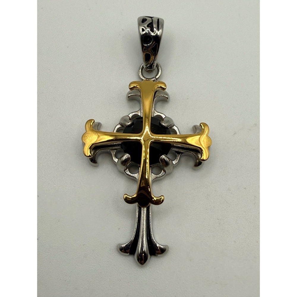 Two Tone Gothic Layered Cross Pendant Silver Gold Tone Religious Statement Charm